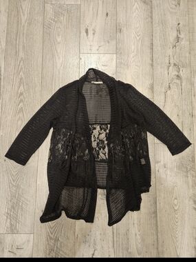 Black Whimsigoth Lace-Panel Black Rose Open-Front Women's Cardigan Sz L